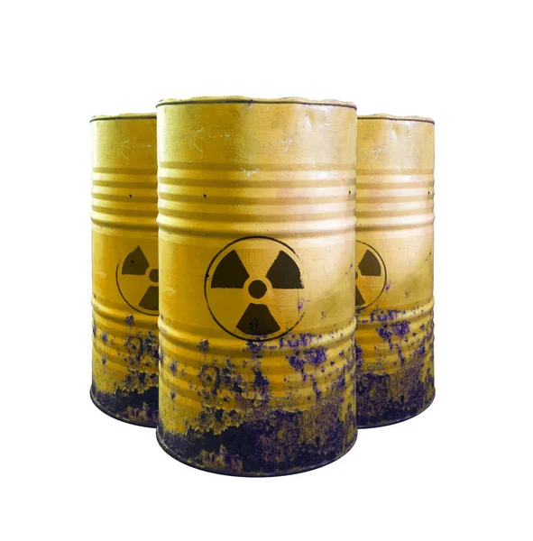 Barril amarillo de residuos tóxicos aislados. Ácido en barriles. Ten cuidado. —  Fotos de Stock