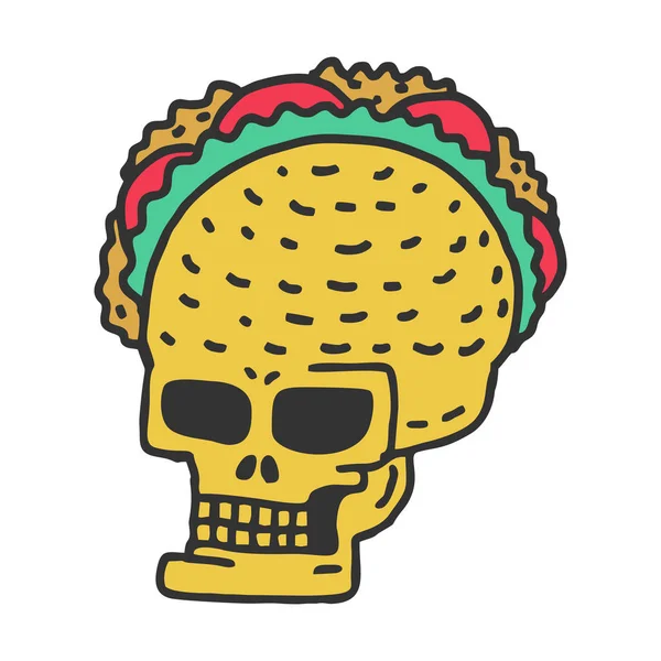 Totenkopf Taco Drawing. Mexikanischer Skelettkopf mit Tacos-Karikatur — Stockvektor