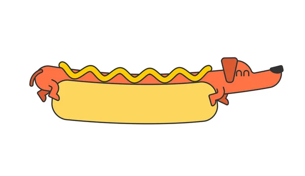 Hot dog teckel et chignon. Ketchup et moutarde. Fast food animal — Image vectorielle