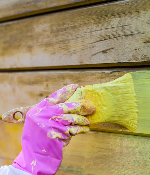 painter's hand in glove with brush. background, work.