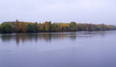 Yağmurlu sonbahar sabahı sakin nehirde. arka plan, doğa.