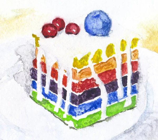 Hand drawn cake with berries, watercolor. colorful rainbow illustration for food design.