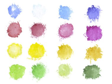 çeşitli suluboya Spotlar / izole üzerinde beyaz sıçramalarına. çizilmiş şekil ver. Palet.