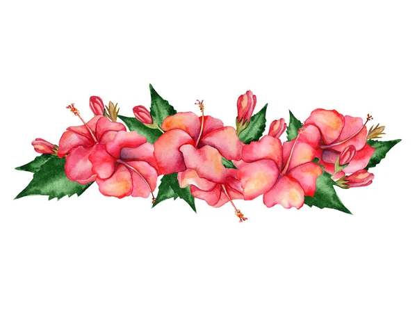 Banner floral acuarela pintado a mano en estilo tropical, aislado sobre fondo blanco. Puede utilizar como fondo, invitación de boda, carteles, guardar la fecha o el diseño del saludo . —  Fotos de Stock