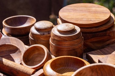 wooden utensils. natural wood kitchen utensils - plates and supplies