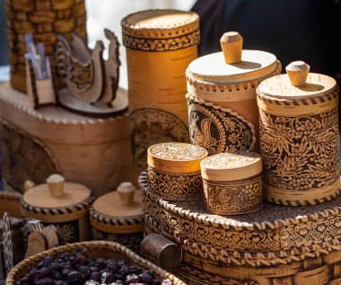 wooden birch bark utensils. natural wood kitchen utensils - plates and supplies