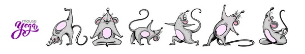 Personaje de dibujos animados practicando yoga mouse. juego de caracteres. Rata positiva. Ilustración para un coche o ropa. Ilustración vectorial . — Archivo Imágenes Vectoriales