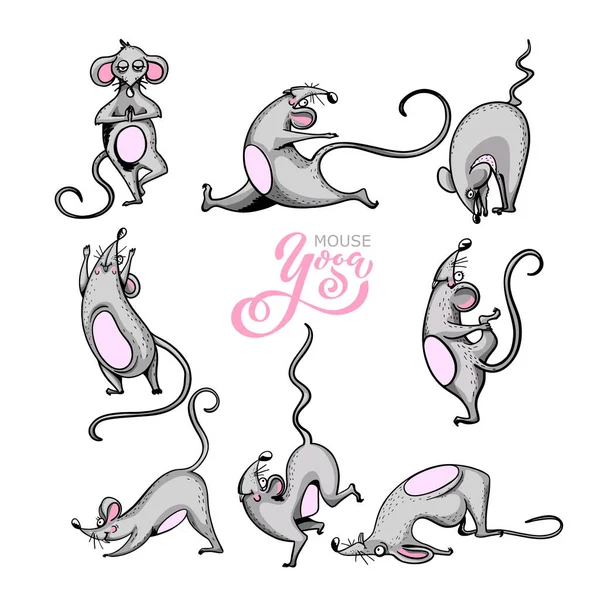 Personagem de desenhos animados praticando mouse ioga. conjunto de caracteres. Rato positivo. Ilustração para um carro ou roupa. Ilustração vetorial . — Vetor de Stock