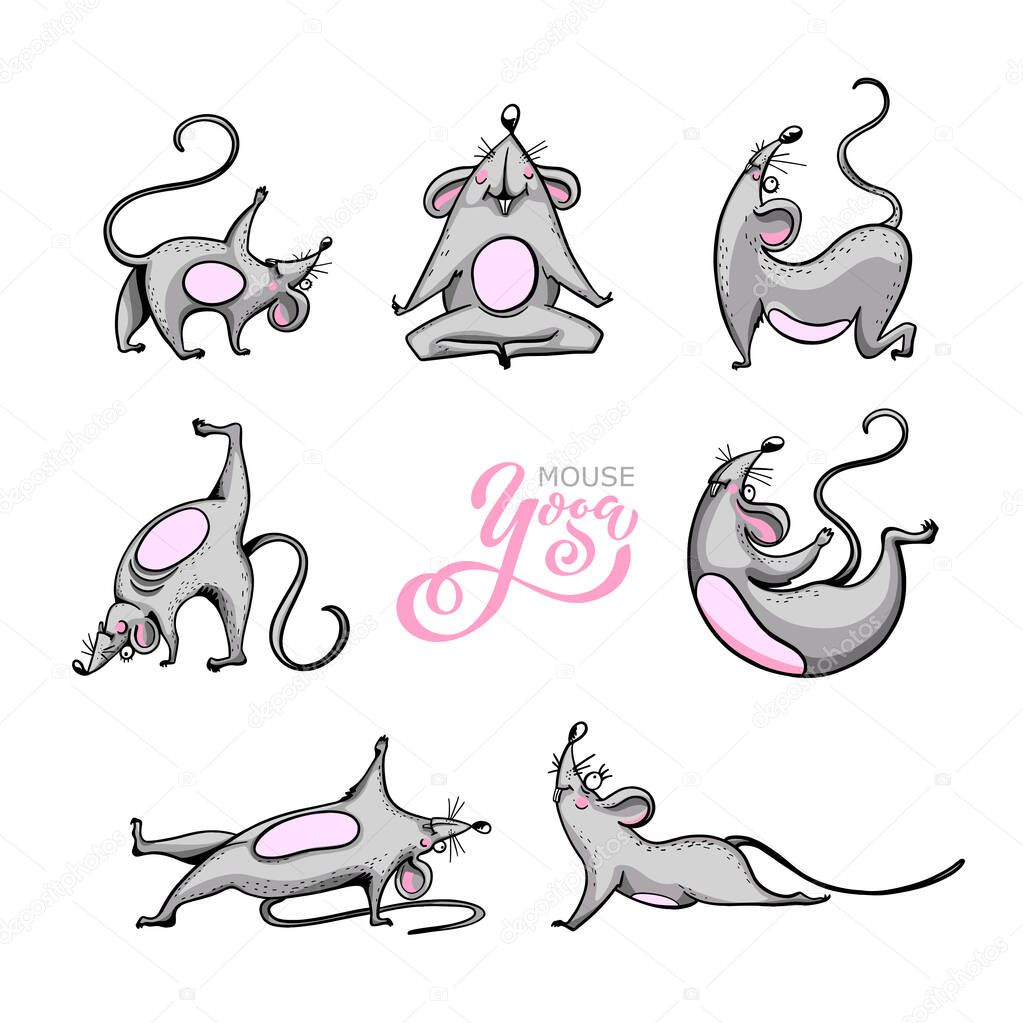 Cartoon character practicing yoga mouse. character set. Positive rat. Illustration for a car or clothes. Vector illustration.