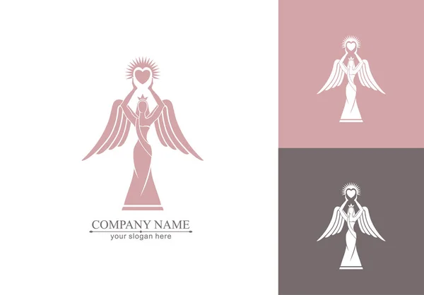 Logo of a woman with wings holding a heart in the hands with rays. Figurine for presentation, template of a beauty contest. — Stock Vector