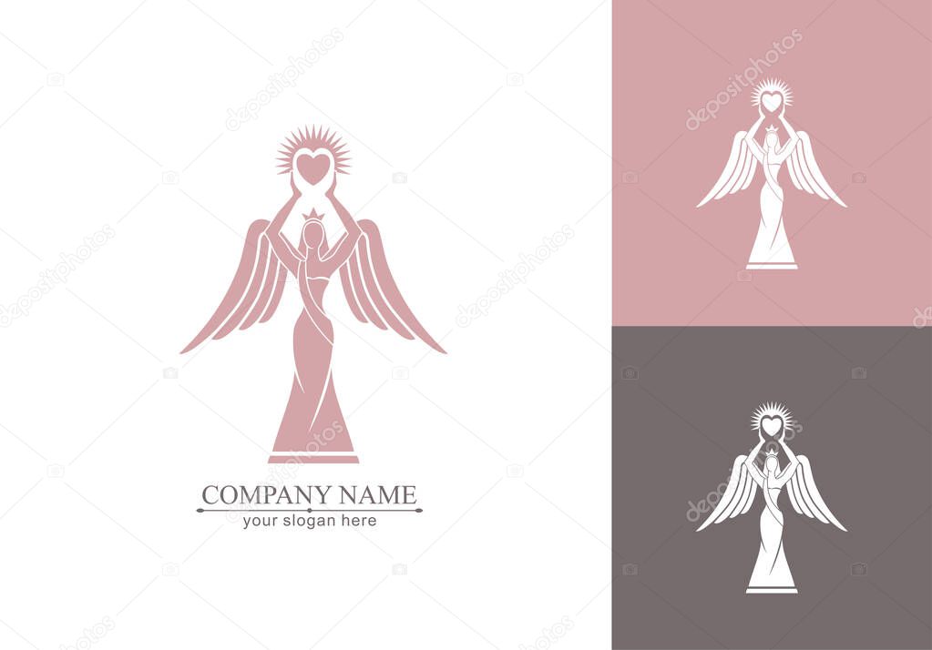 Logo of a woman with wings holding a heart in the hands with rays. Figurine for presentation, template of a beauty contest.