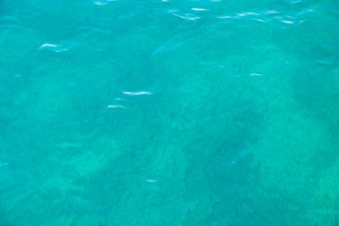 Mavili temiz su dokusu. Okyanusun ve denizin arkaplanı güneşle aydınlanıyor..