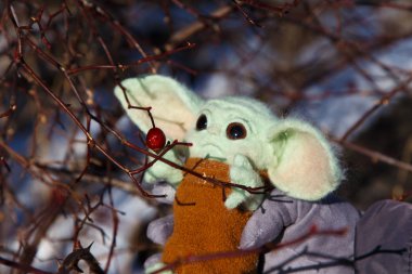 Bishkek, Kyrgyzstan - January 4, 2020. A child or baby Yoda based on the character from the Mandalorian series. Toy felted from wool.