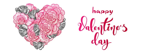Открытка на день Святого Валентина или баннер. Сердце цветов из роз. каллиграфическая надпись. Векторная иллюстрация — стоковый вектор