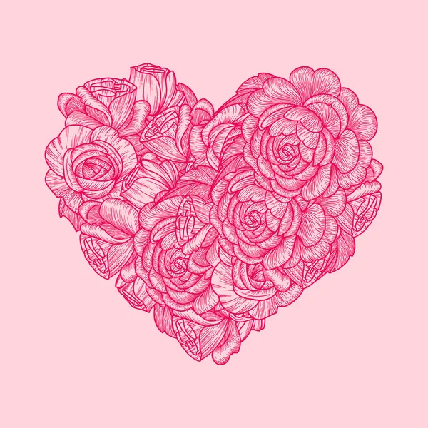 Cuore di fiori. disegnando bellissimi fiori di rosa. Simbolo per San Valentino e amore. Illustrazione vettoriale botanica . — Vettoriale Stock