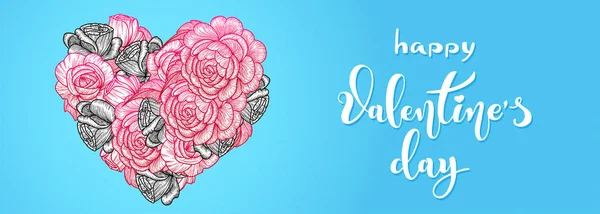 Dia dos Namorados cartão de férias ou banner. Coração de flores de rosas. inscrição caligrafia. Ilustração vetorial — Vetor de Stock