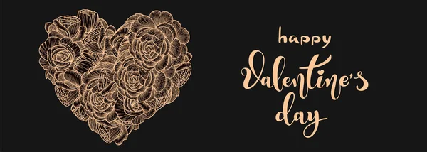 Dia dos Namorados cartão de férias ou banner. Coração de flores de rosas. inscrição caligrafia. Ilustração vetorial — Vetor de Stock