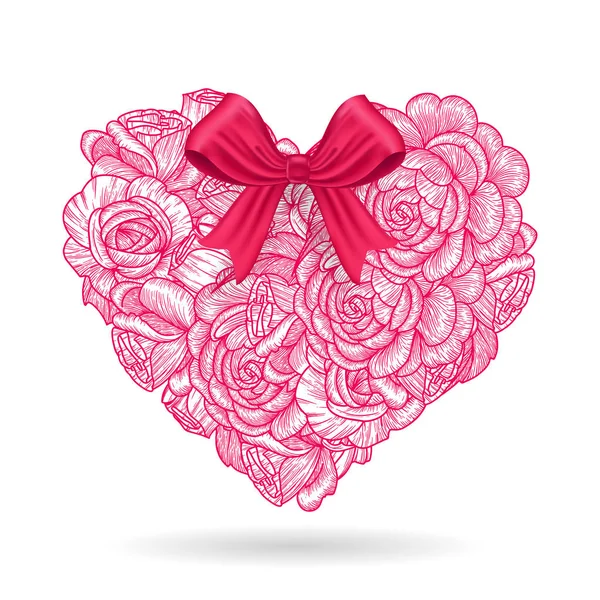 Kırmızı kurdeleli çiçek kalbi. Güzel pembe çiçekler çiziyor. Sevgililer günü ve aşkın sembolü. Botanik vektör çizimi. tatil kartı — Stok Vektör