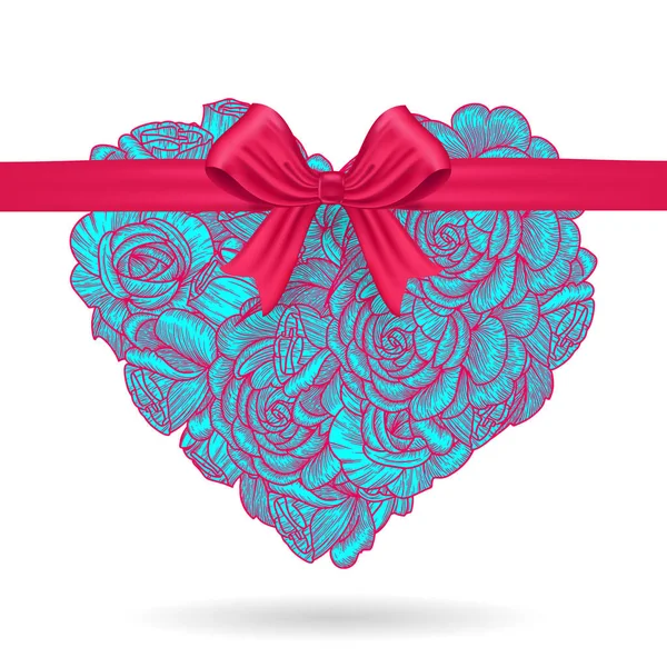 Λουλούδι καρδιά με ένα κόκκινο τόξο. σχέδιο όμορφα ροζ λουλούδια. Σύμβολο για την ημέρα του Αγίου Βαλεντίνου και την αγάπη. Βοτανική διανυσματική απεικόνιση. κάρτα διακοπών — Διανυσματικό Αρχείο
