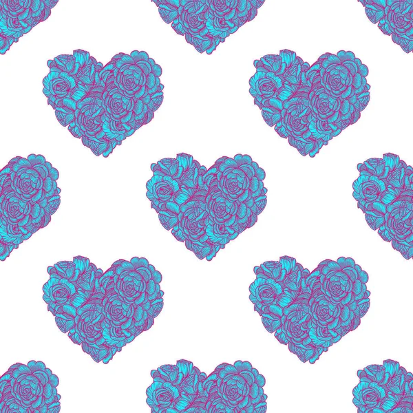 花の心臓のシームレスなパターン。生地のパターン。青い背景にバラ — ストック写真