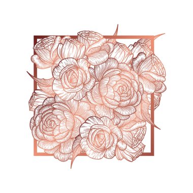 Kare çerçevede çiçek açan güller. Eski kart. Vektör illüstrasyonu