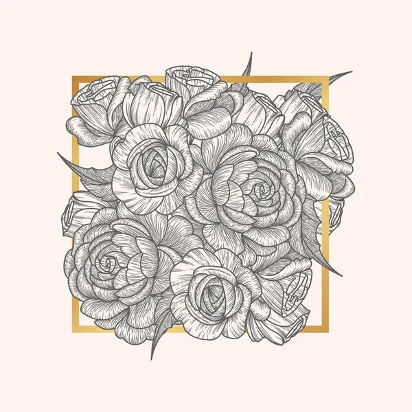 Rosas florecientes en un marco cuadrado. Tarjeta Vintage. Ilustración vectorial — Vector de stock