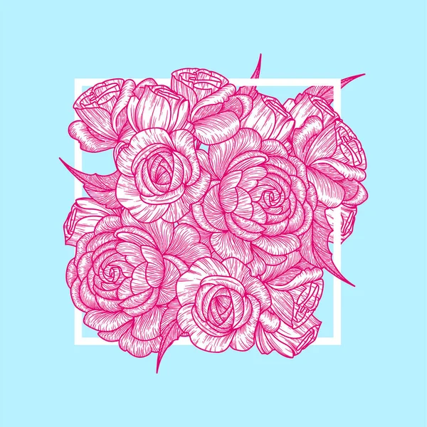 Blommande rosor i en fyrkantig ram. Vintagningskort. Vektorillustration — Stock vektor