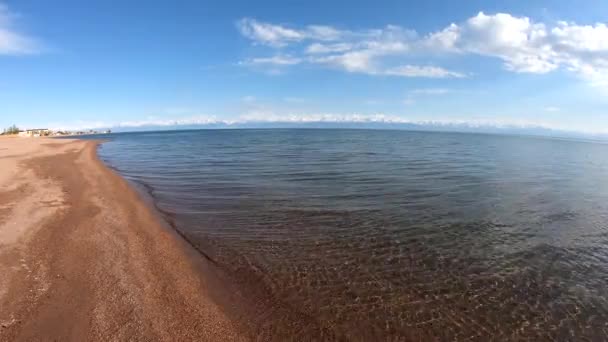 青い透明な水の質感 海岸波線ときれいな砂 太陽に照らされた海と海の背景 自然背景 — ストック動画