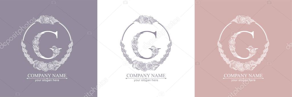 Letter G logo or monogram. For your business. Vector sign. Floral style, roses. Personal logo.