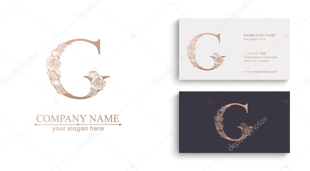 Letter G logo or monogram. For your business. Vector sign. Floral style, roses. Personal logo.