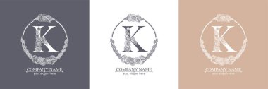 K harfi logosu ya da monogram. İşiniz için. Vektör işareti. Çiçek tarzı, güller. Kişisel logo.