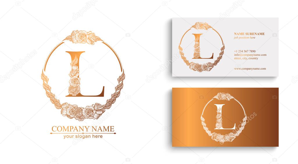 Letter L logo or monogram. For your business. Vector sign. Floral style, roses. Personal logo.