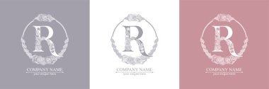 R harfi logosu ya da monogram. İşiniz için. Vektör işareti. Çiçek tarzı, güller. Kişisel logo.