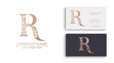 R harfi logosu ya da monogram. İşiniz için. Vektör işareti. Çiçek tarzı, güller. Kişisel logo.