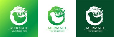 Deniz kızı logosu. Brand şablon vektör çizimi. Siren ve kuyruklu denizci kız. Kuaför logosu.