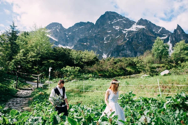 Жених и невеста гуляют на фоне гор — стоковое фото