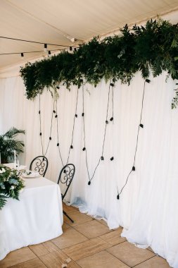 Alan yeşil düğün tablo, kesimine ve otlar ile dekore edilmiş