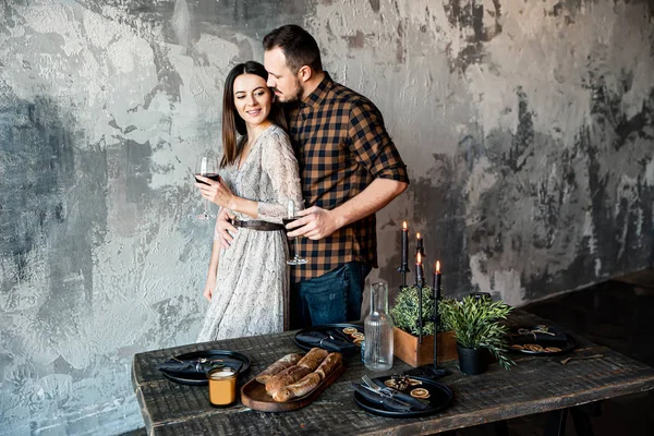 Romantic love story.Couple with glasses with wine — 스톡 사진