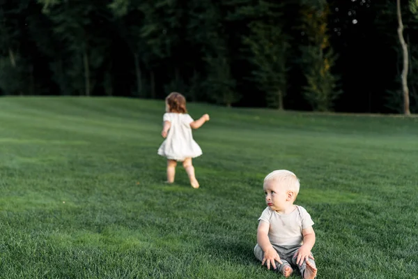 Menina bonito e menino em um prado verde — Fotografia de Stock