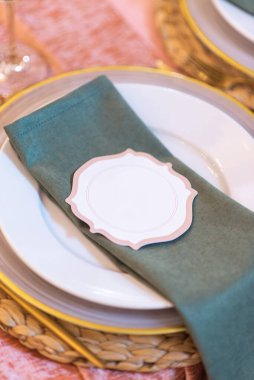 Elegant decor of a wedding bank in peach and green