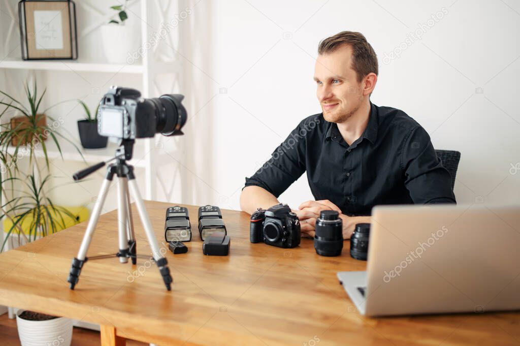 Blogger guy records photo tutorial, video review