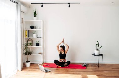 Evde fitness var. İnce kadın antrenman yapıyor.