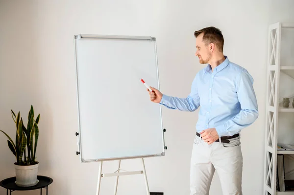 A guy in a smart casual wear with flip chart