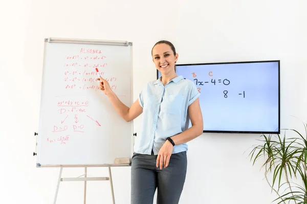 Online teacher, tutor. Young woman uses a flip chart and monitor screen for classes