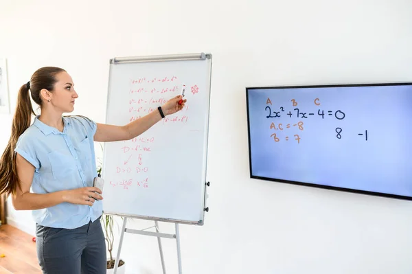 A young woman uses flip chart and display monitor for teaching. Online tutor, online mentor