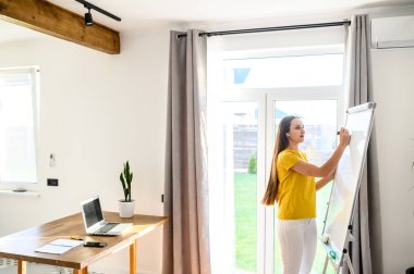 Genç bir kadın çevrimiçi eğitim veriyor, çevrimiçi webinar, çevrimiçi öğretmenlik, Skype dersleri. Çizelgeye bir kalemle, masaya bir dizüstü bilgisayarla yazıyor.