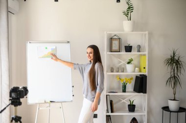Young woman teacher, tutor in casual wear makes tutorial video on the camera on a tripod indoors. She in a bright room points on charts and diagrams on a flipchart. The concept of online learning clipart