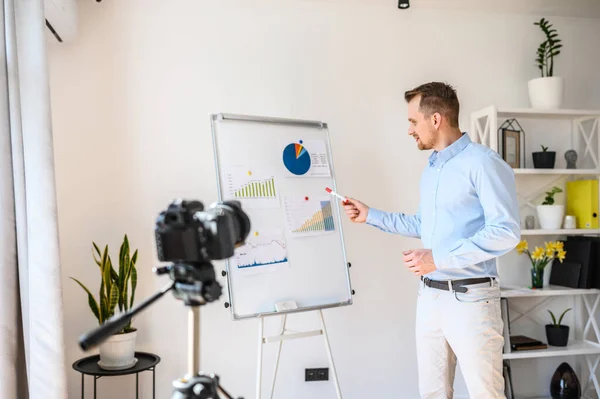 Educational Video Blogging Young Intelligent Guy Smart Casual Wear Records — Stock Photo, Image