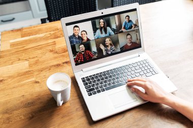 Video meeting on laptop screen, zoom app clipart