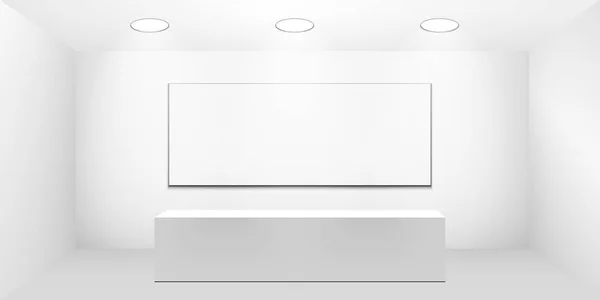 3D sergi standı. Masası olan beyaz, boş bir tanıtım standı. Vektör beyaz, boş geometrik kare. Sunum odası görüntüsü. Boş kutu şablonu — Stok Vektör